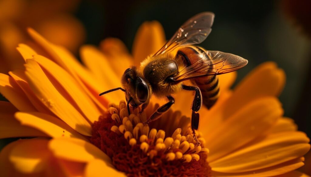 Busy honey bee picking up yellow pollen generated by AI Free Photo