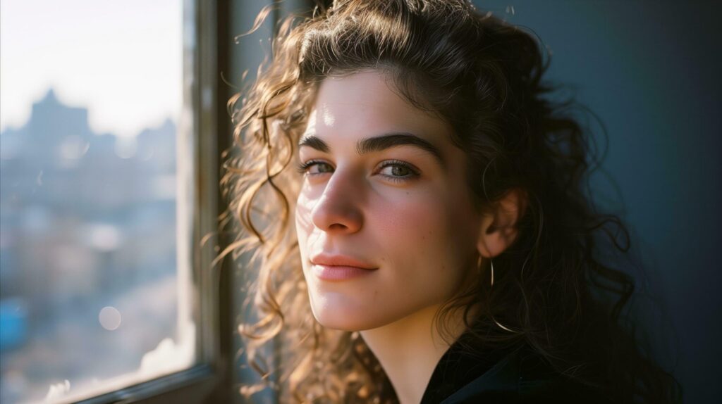 Contemplative young woman by the window with soft natural light Free Photo