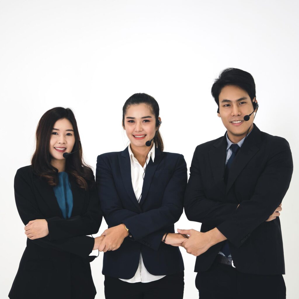 Portrait of positive smile young business call center staff asian team woman and man. Stock Free