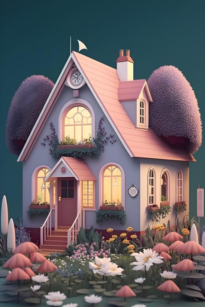 cute house decorated with flowers made by technology Stock Free