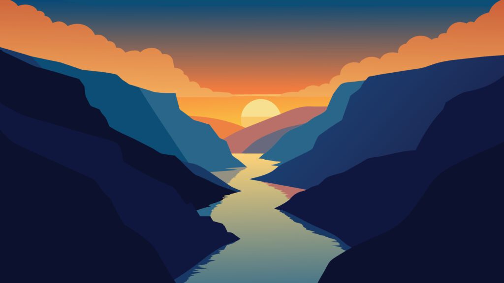 Splendid summer sunset of Sunnylvsfjorden fjord canyon, Geiranger village location, western Norway. Flat illustration Nature background Free Vector