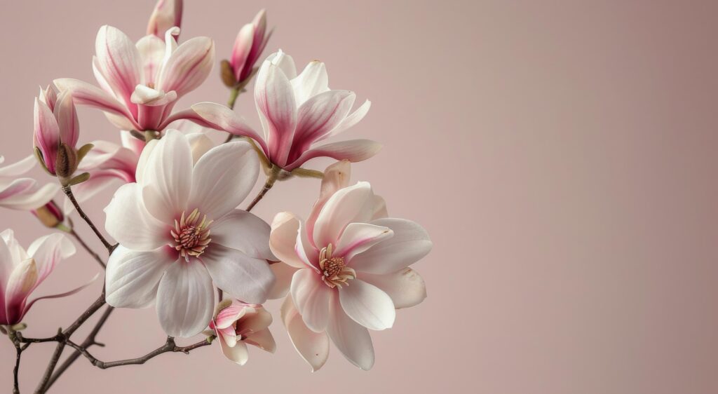 Close Up of Delicate Pink Magnolia Blossoms on a Branch Against a Light Pink Background Stock Free