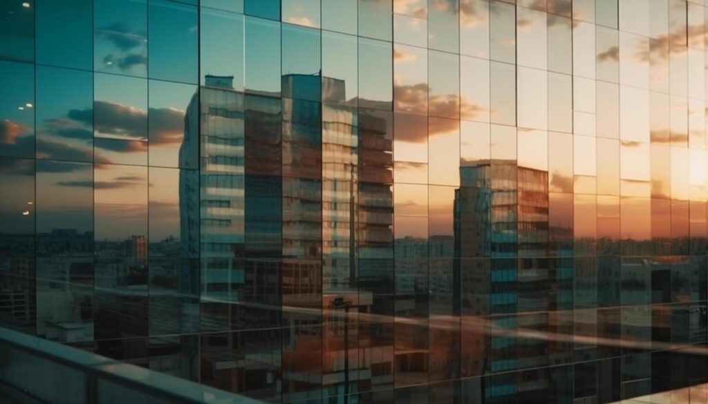 Modern glass skyscraper reflects city life in panoramic twilight view generated by AI Stock Free