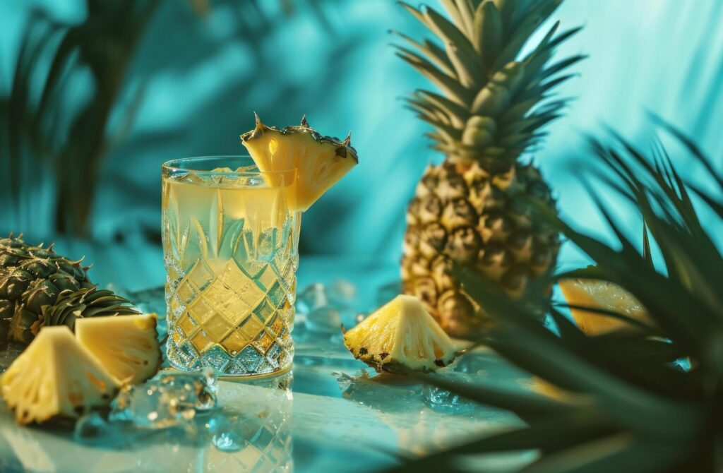 a cocktail glasses with pineapple juice in it for tropical inspiration Free Photo