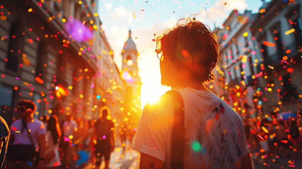 Caucasian male gay in sunshine having fun at the LGBTQ together and rainbow colorful flags in celebrate pride mouth parade. AI-Generated Free Photo