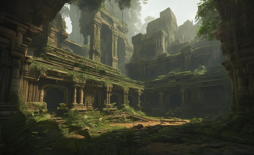 illustration of ancient temple ruins in a jungle Stock Free