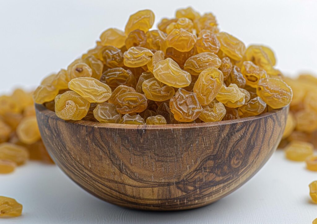 Gold raisins in wooden bowl generated by AI. Free Photo