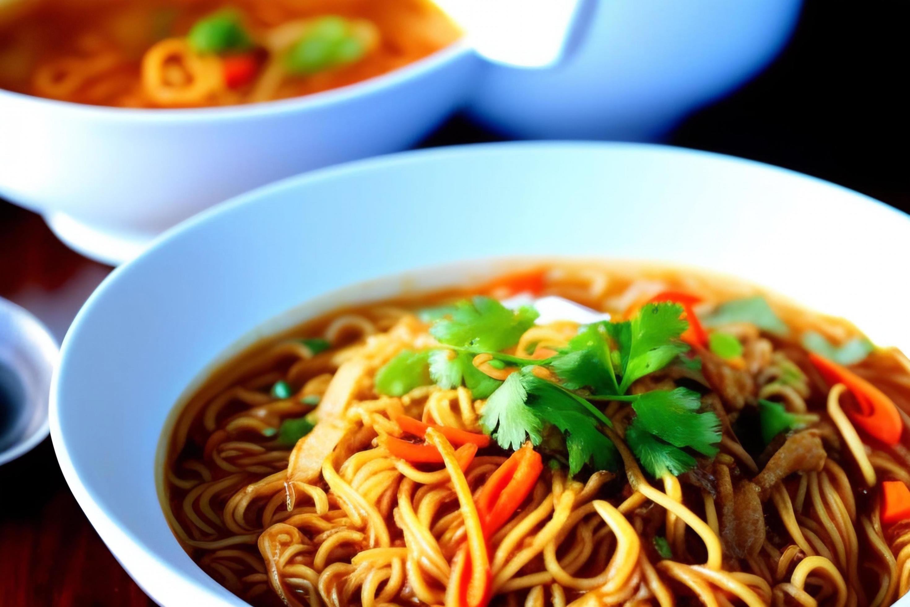 Delicious noodles. Fast food meal with appetizing pasta and chopsticks. Stock Free