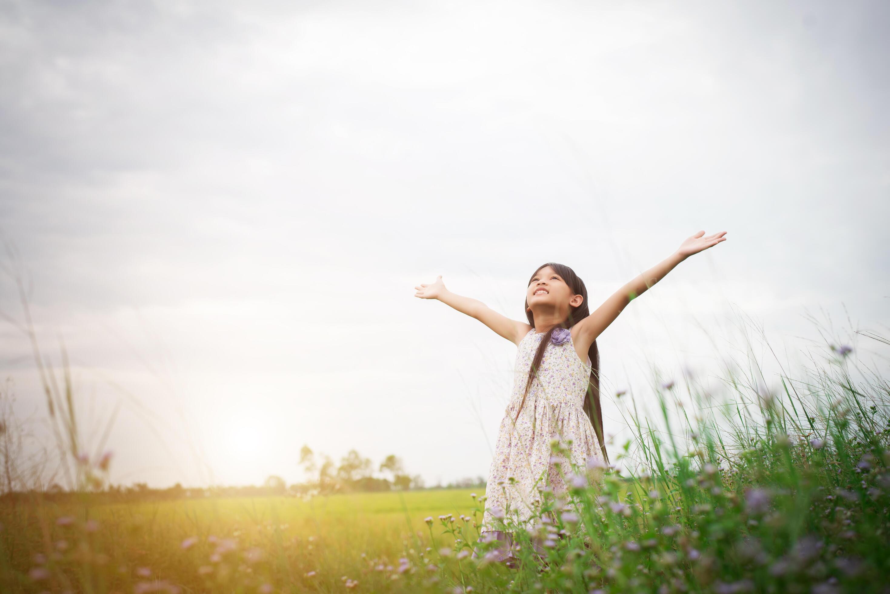 Little cute asian girl standing among the purple flower field sunshine day. Freedom enjoying with nature. Stock Free