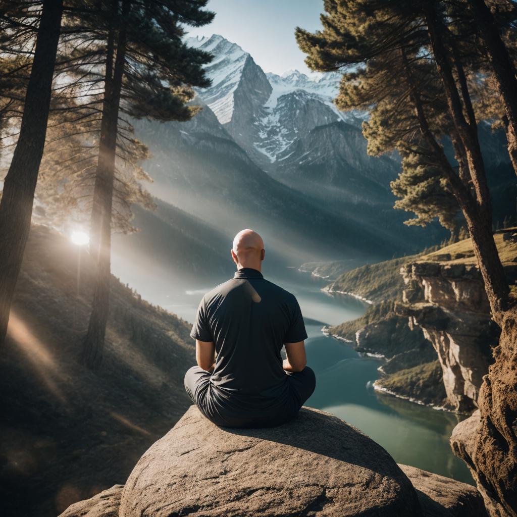 Bald bearded man meditating, by @ai_generated