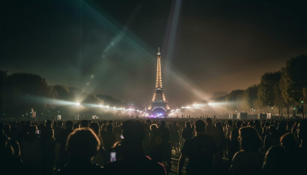 Crowded cityscape illuminated by blue lighting equipment generated by AI Stock Free