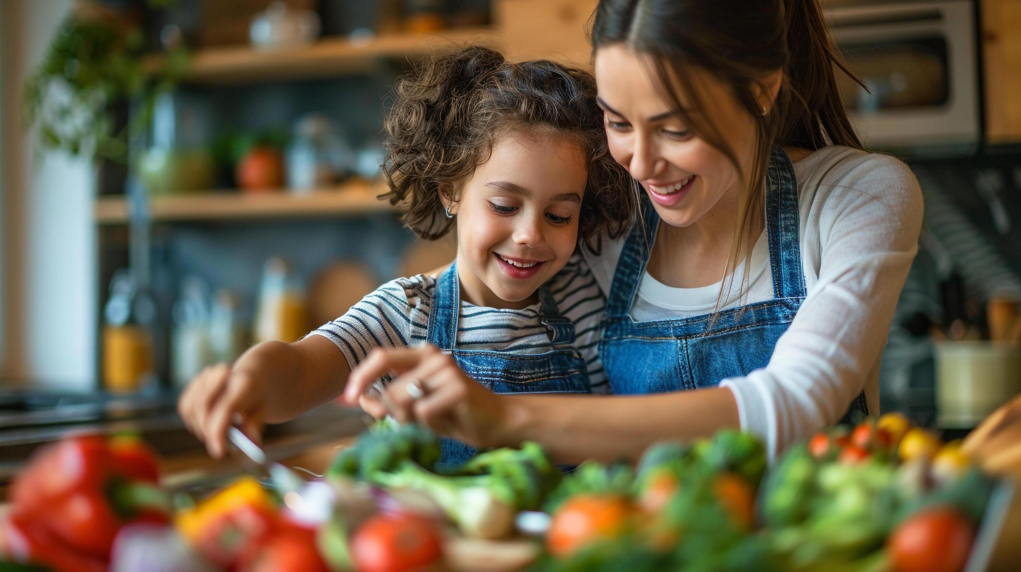 AI generated A mother and daughter cooking a nutritious meal together in the kitchen, family time Stock Free