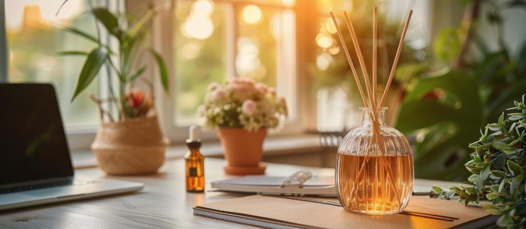 Reed Diffuser Scented Oil on Wooden Table With Plants and Laptop in Background Stock Free