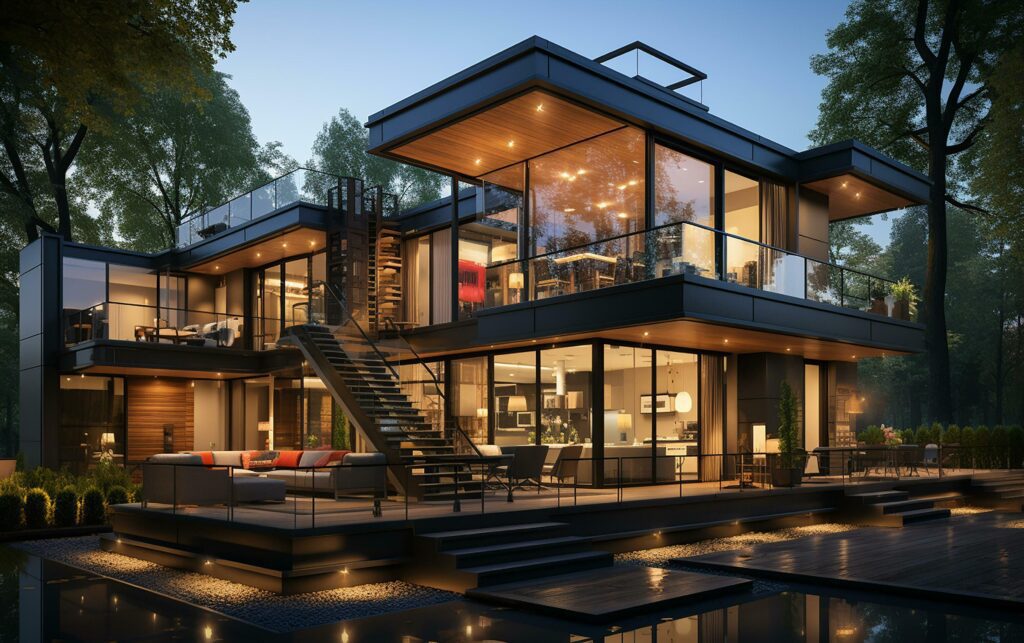 unique industrial architecture house in daylight, photo-realistic AI generative Stock Free