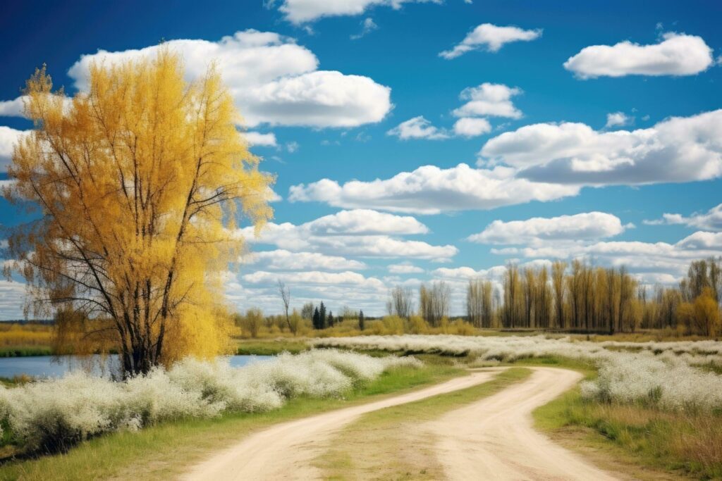 autumn landscape with a dirt road and willow trees in the foreground, AI Generated Free Photo