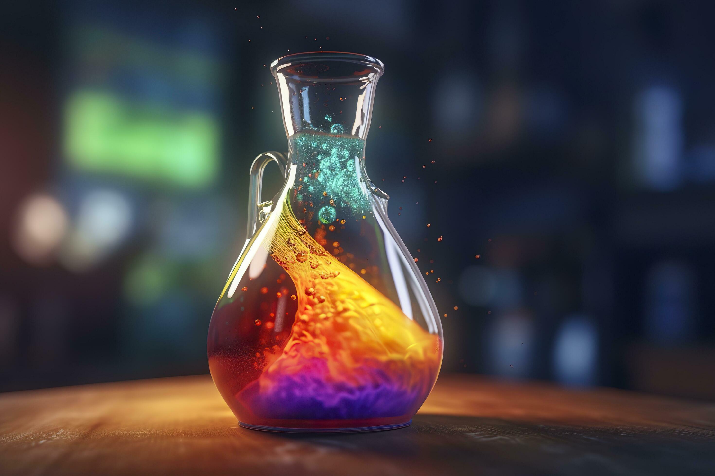 Close Up of a Science Beaker Filled with Multi Colored Liquids. AI Generative Stock Free