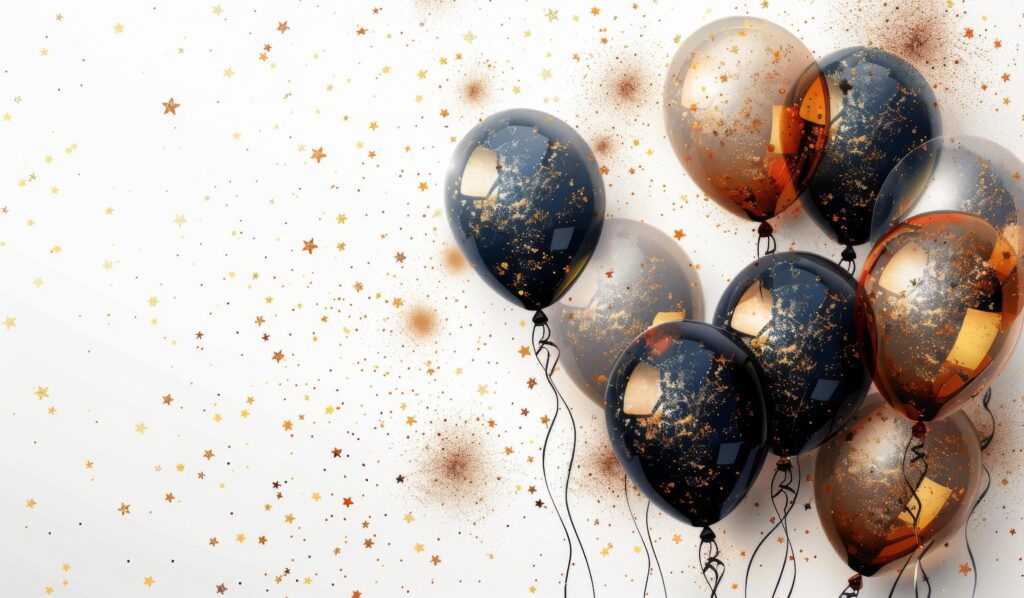 Black, Gold, and Silver Balloons With Confetti Stars on White Background Stock Free