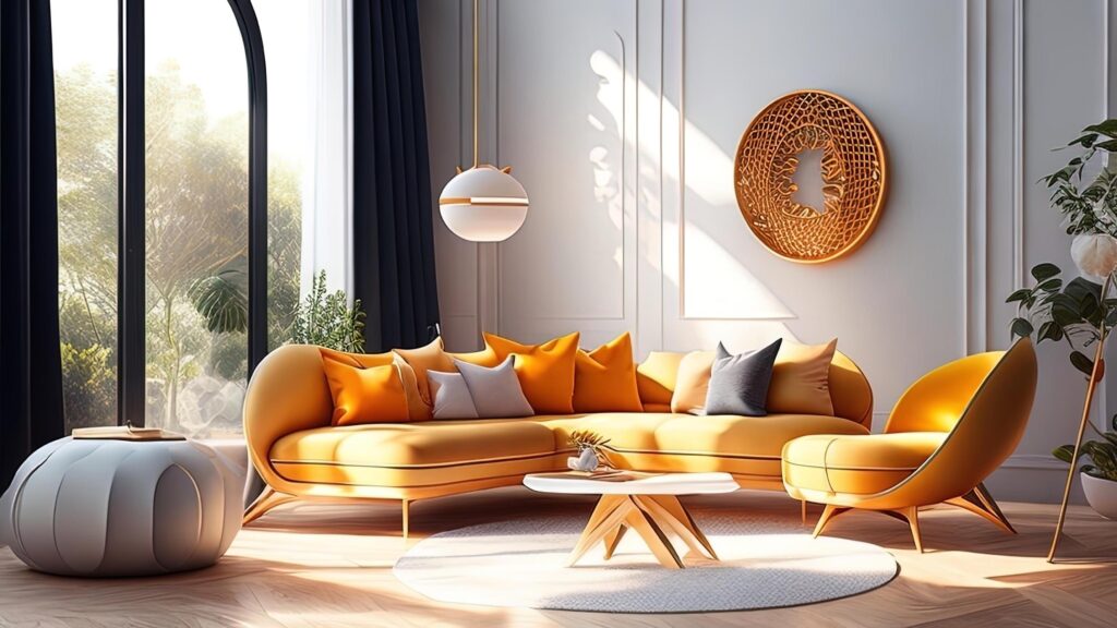 Interior of modern living room with yellow sofa. Stock Free