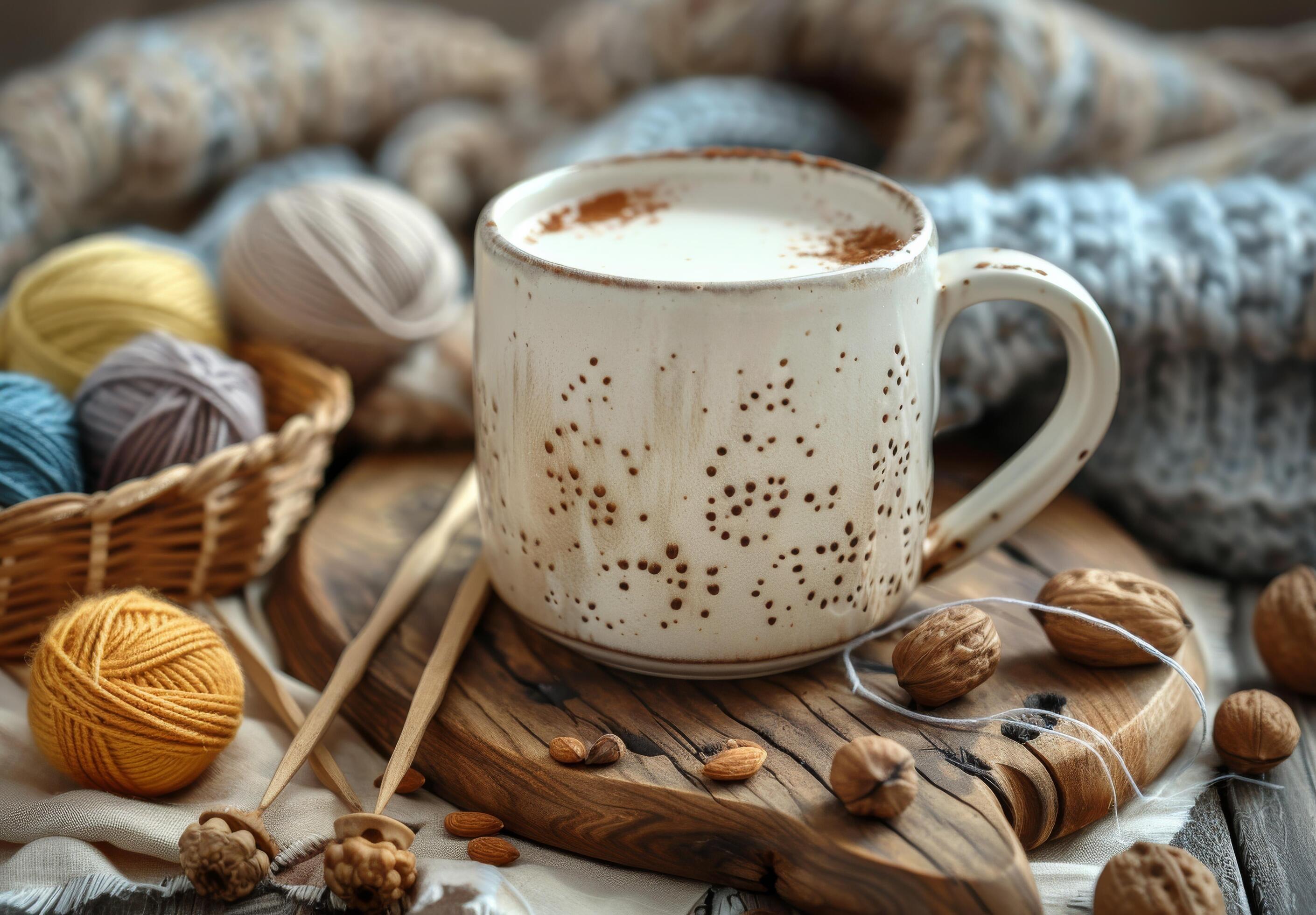 A Cozy Autumn Afternoon With a Warm Drink and Knitting Supplies Stock Free