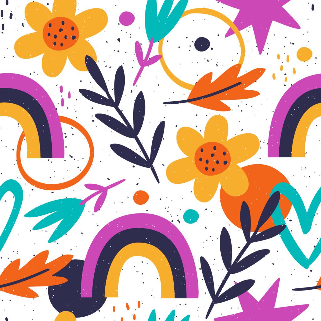 Hand drawn pattern with foliage and colorful shapes Free Vector