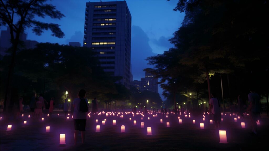 A group of people standing in a park, holding candles, creating a serene and peaceful atmosphere. Free Photo