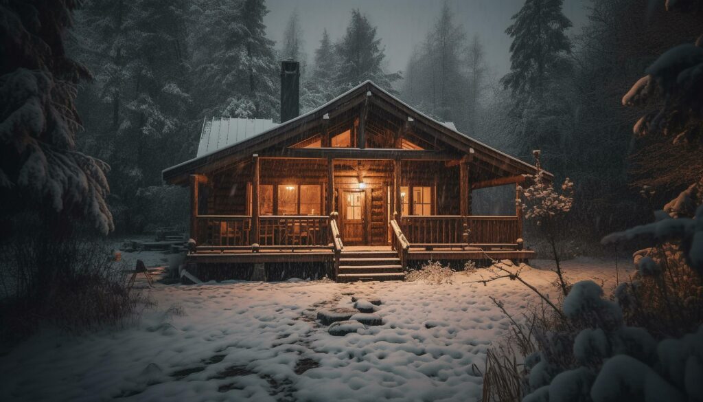 Illuminated log cabin in snowy forest landscape generative AI Stock Free