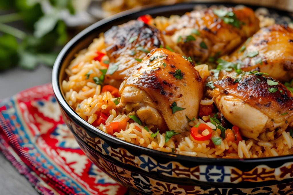 Brazilian Comfort Chicken and Rice Arroz com Frango in Folk-Patterned Bowl Free Photo