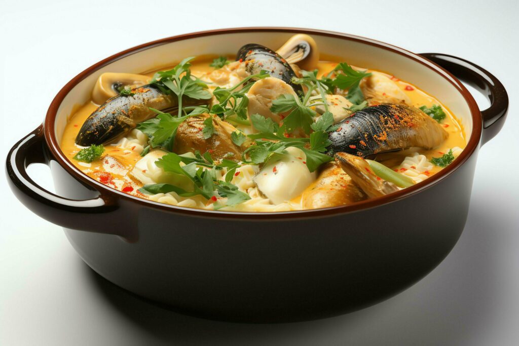 A delicious bouillabaisse soup food in a bowl. Marseille food and healthy protein soup meal concept by AI Generated Stock Free