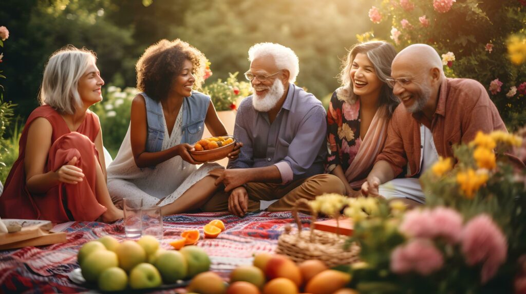 Happy senior diverse people sitting on blanket and having picnic in garden Stock Free