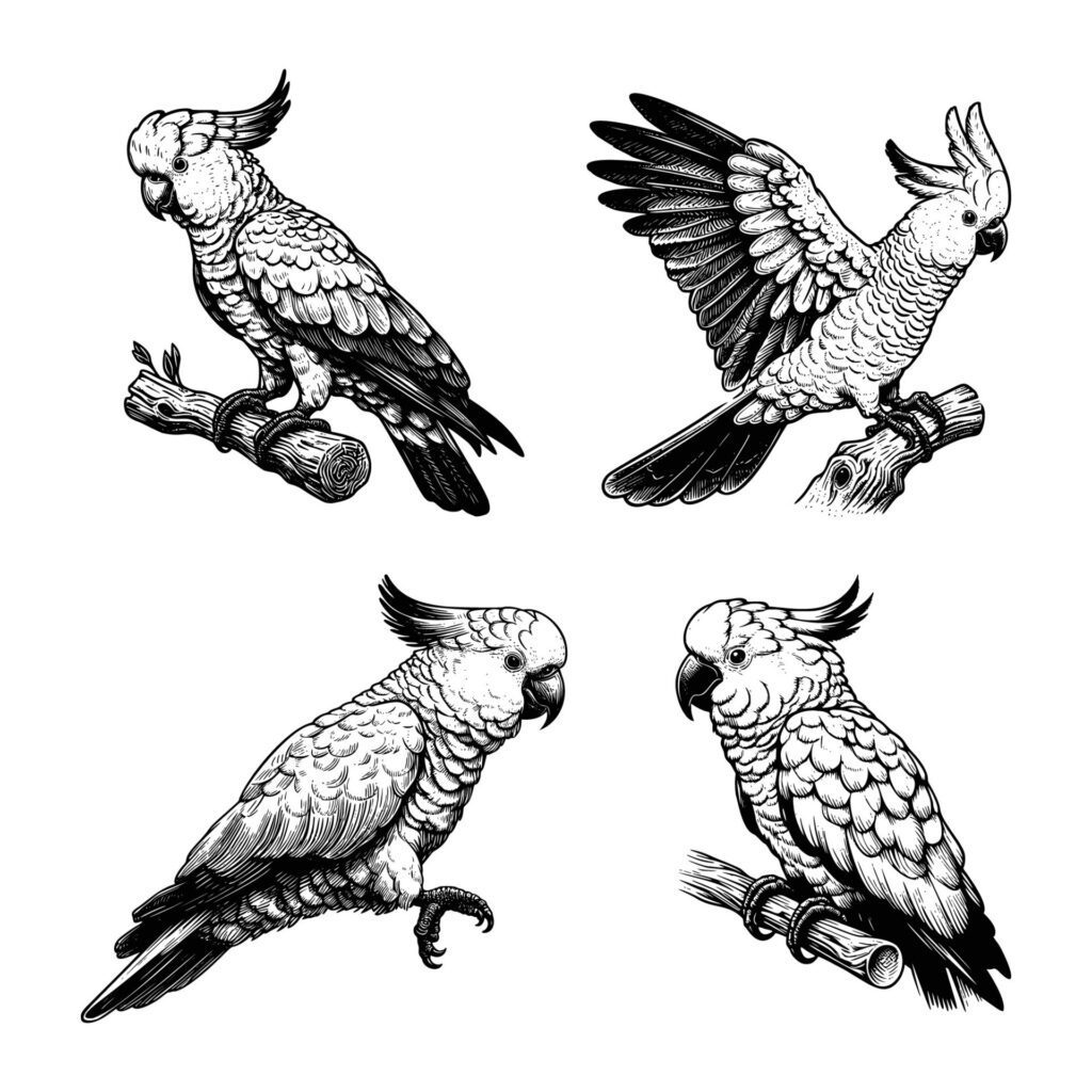 cockatoo bird animal illustration. black and white hand drawn cockatoo illustration isolated white background Free Vector