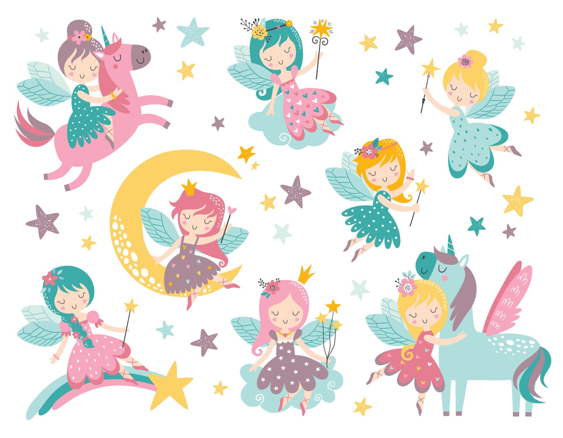 Vector childish set with cute fairy, unicorn, stars and clouds Free Vector