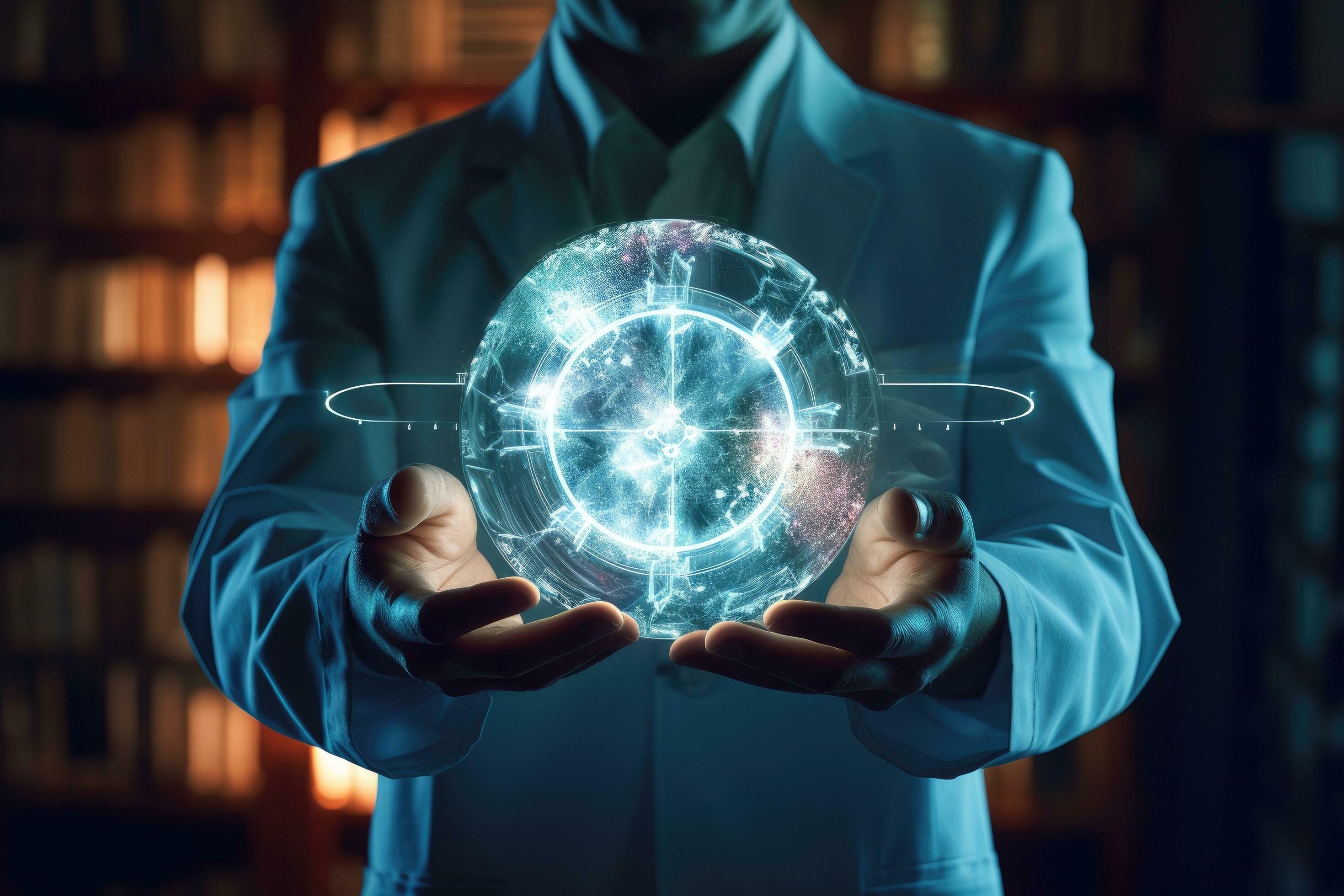 Close up of businessman holding global network hologram. 3D rendering, Innovative technologies in science and medicine, AI Generated Stock Free