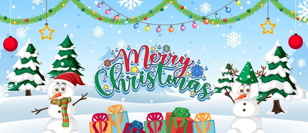 Merry Christmas text logo with snowman gift boxes on snow background Stock Free