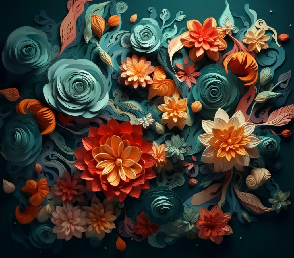 Abstract background of elegant paper style flowers in teal and orange – generative ai Stock Free