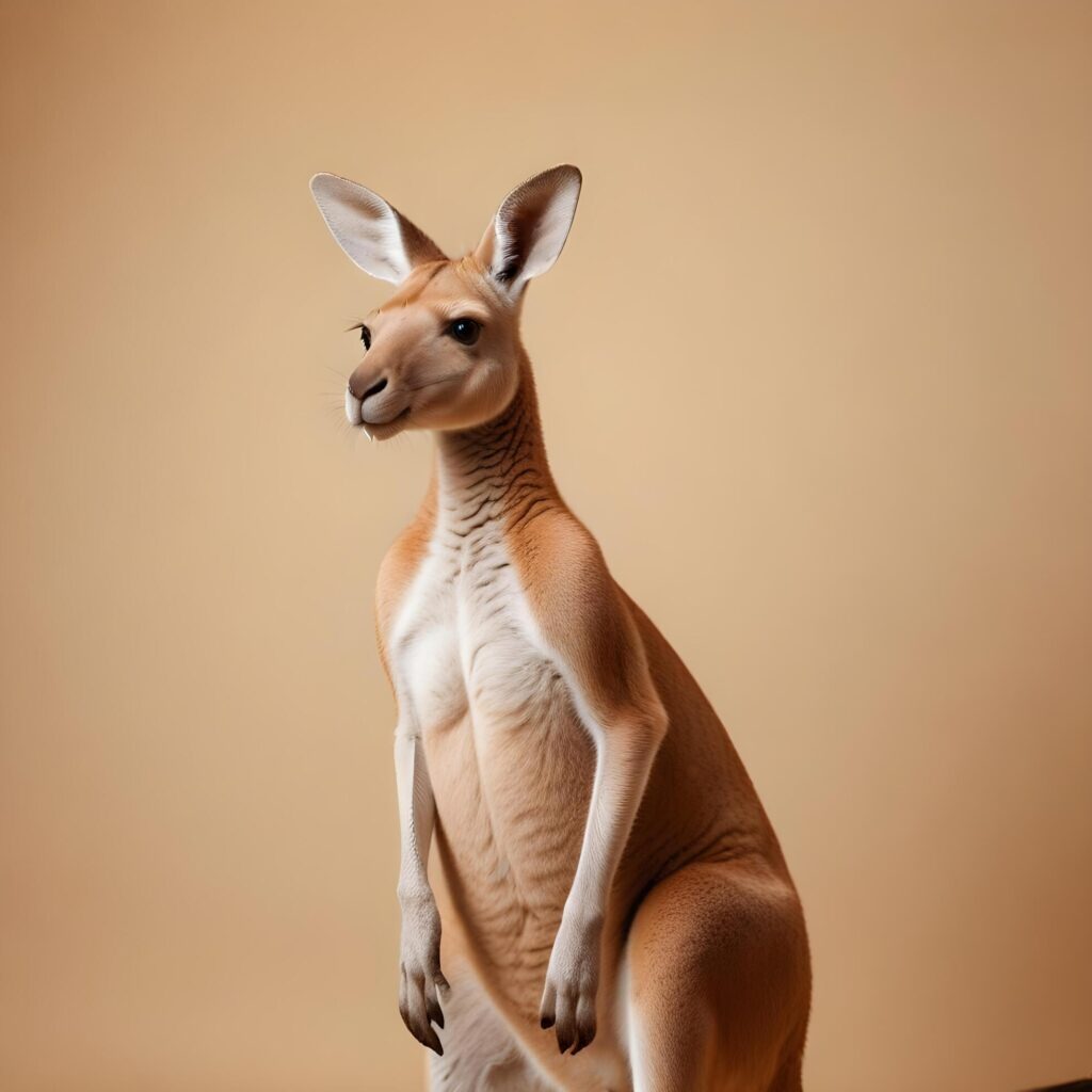 a kangaroo standing on its hind legs in front of a gray background Stock Free