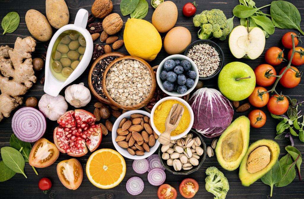 Group of healthy foods on a dark background Stock Free