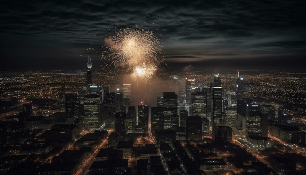 A vibrant city skyline explodes with colorful fireworks at dusk generated by AI Stock Free