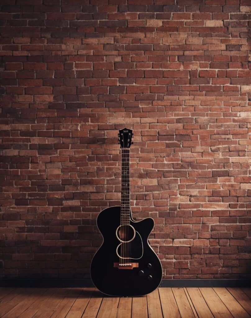 Dark brick wall, guitar, by @ai_generated