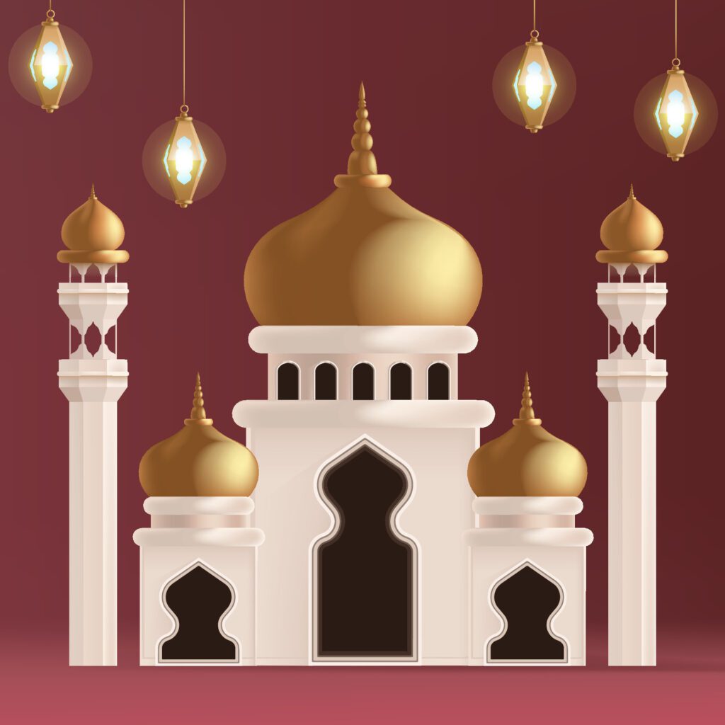 a picture of a mosque with a red background with a gold dome Free Vector