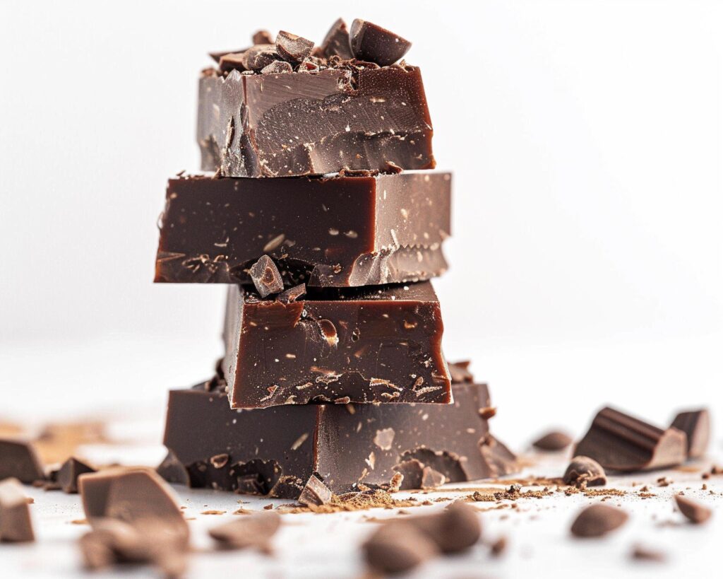 a stack of chocolate bars on a white background Stock Free