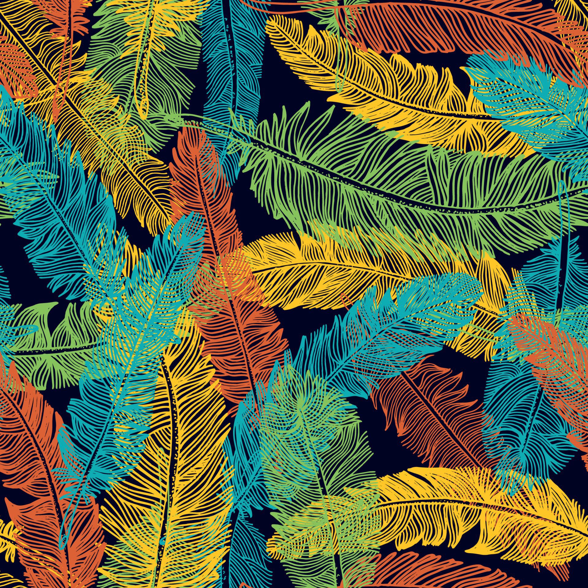 Hand drawn seamless pattern of feathers. Color of brazil flag. Free Vector