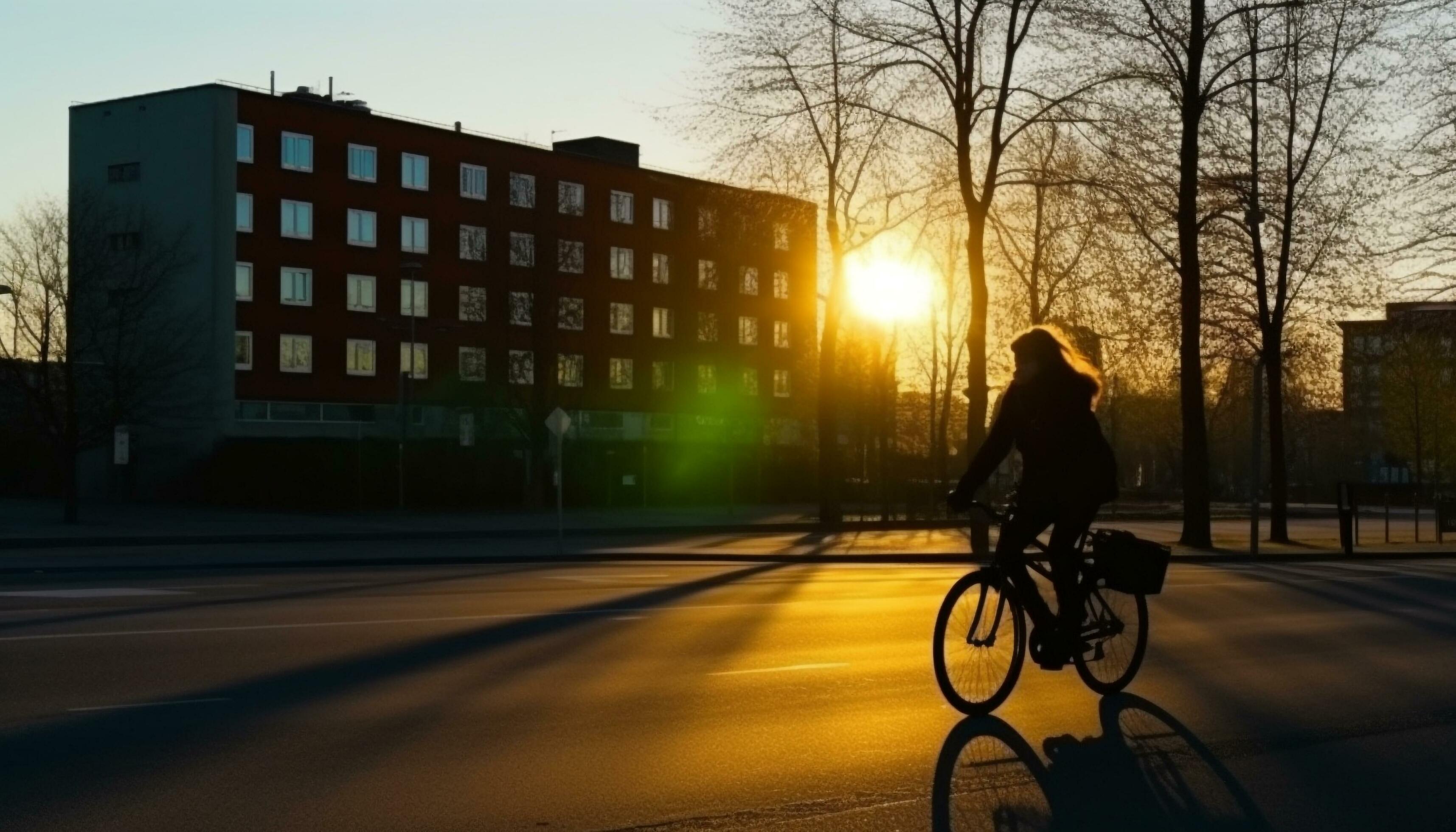 Silhouette cycling at dusk, healthy lifestyle in city traffic motion generated by AI Stock Free