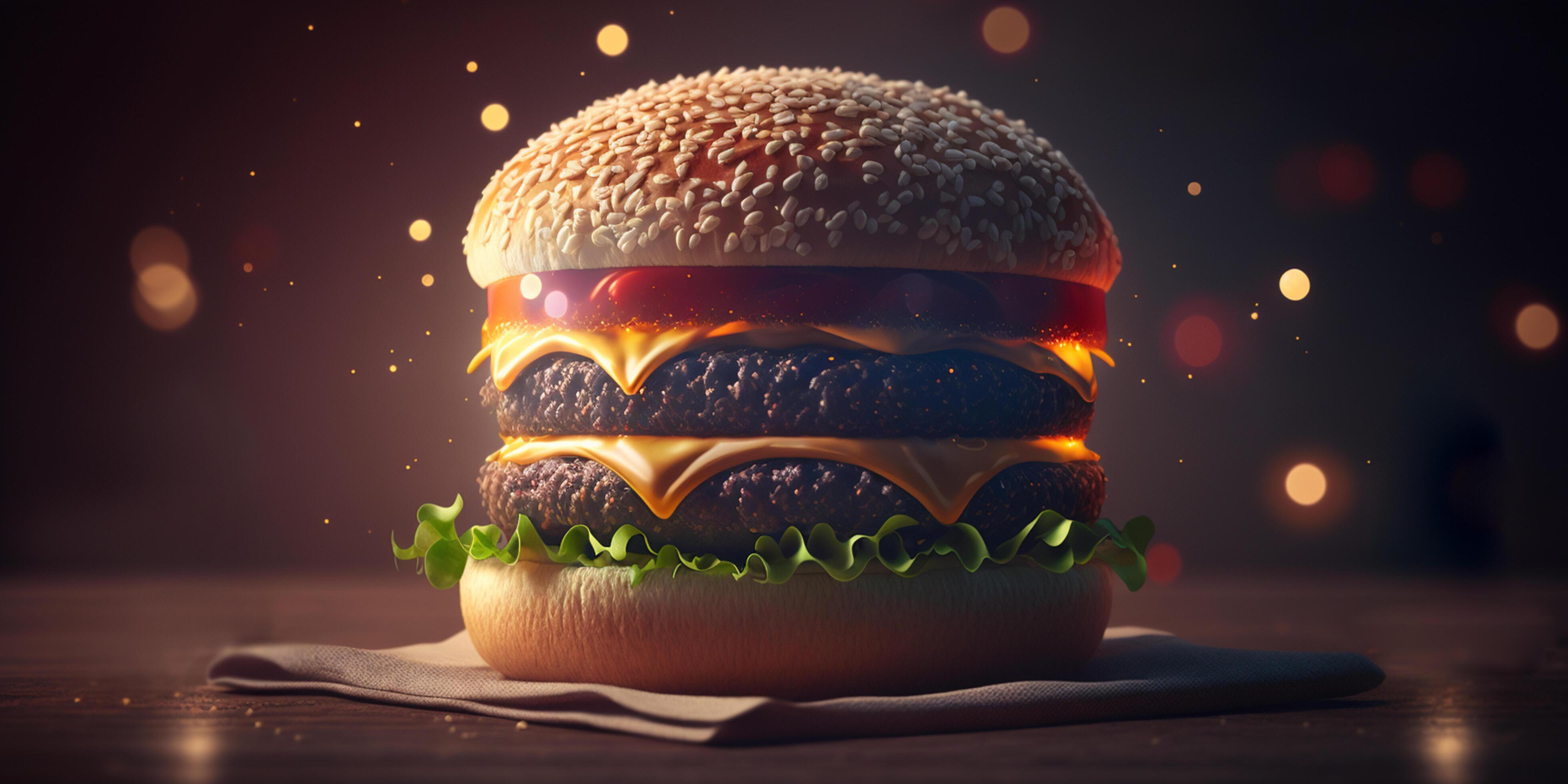 Juicy Hamburger with Bokeh Background, Delicious Fast Food Illustration Stock Free