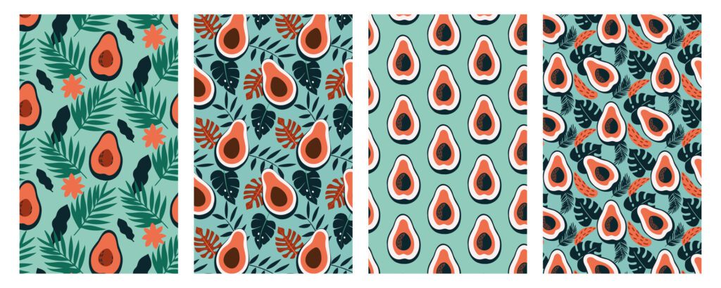 Avocado seamless pattern set. Bright abstract jungle leaves and fruit half on blue. Summer background design for print, decoration, fabric, card. Free Vector