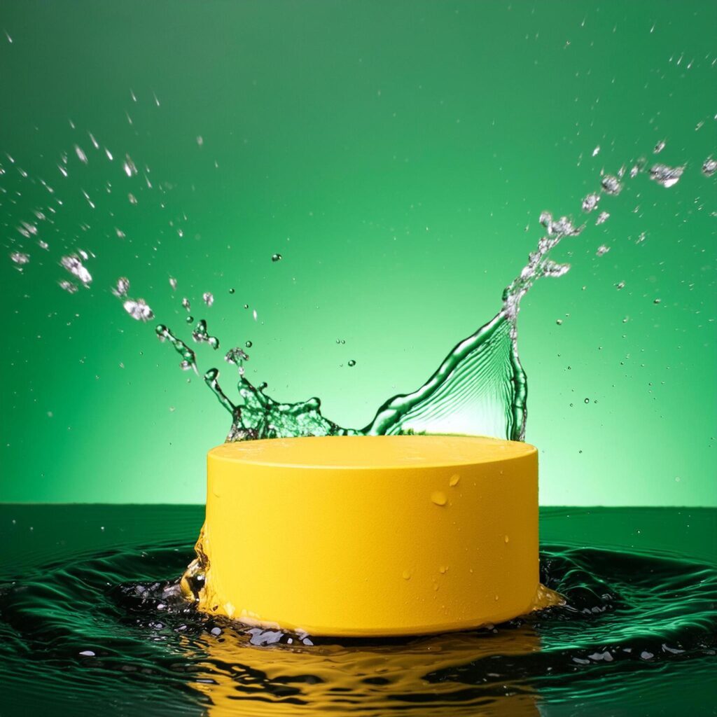 empty yellow podium mockup with water splash on a gradient background for product display Stock Free