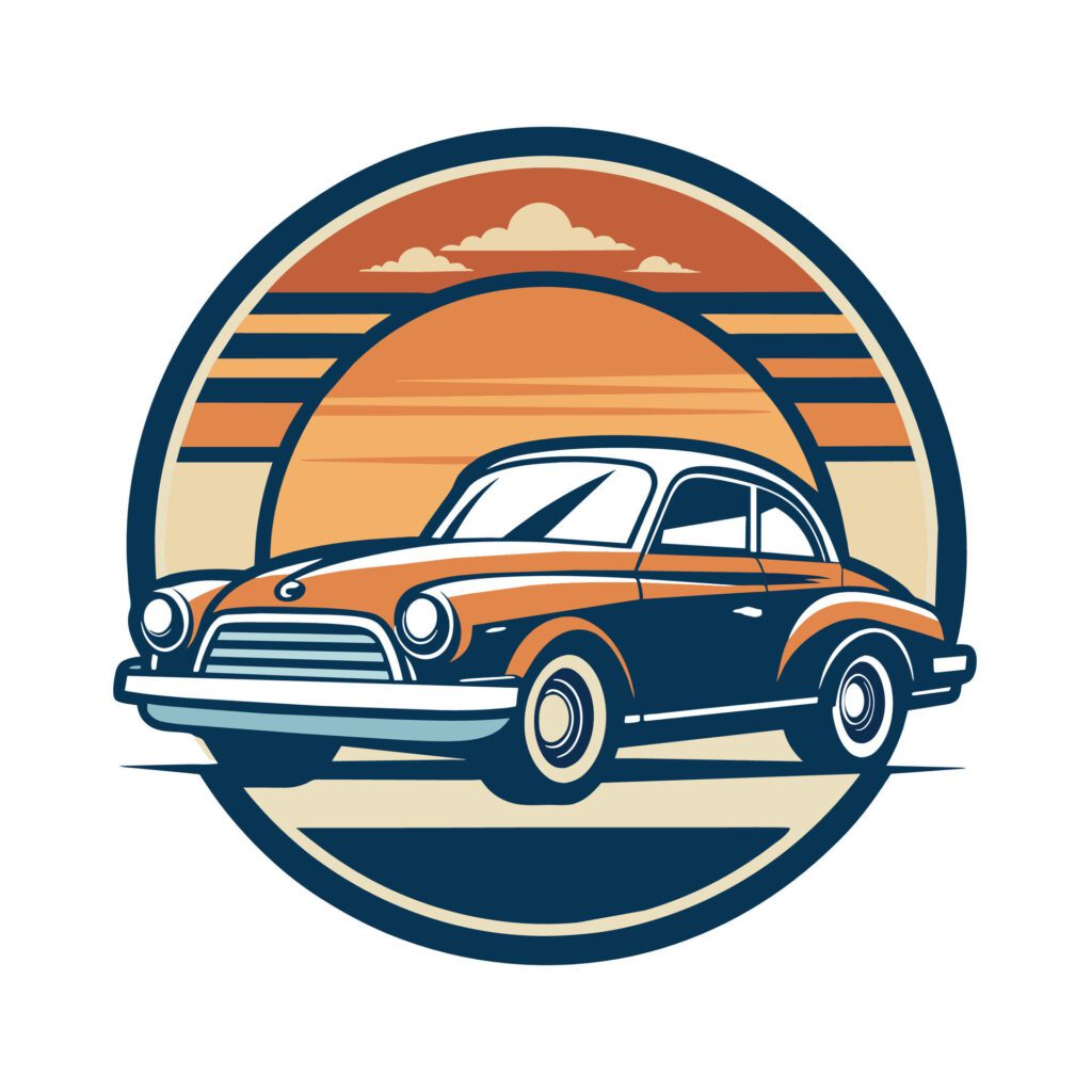 An old car parked with a sunset in the background, Design a logo that captures the nostalgia and timeless elegance of vintage automobiles Free Vector