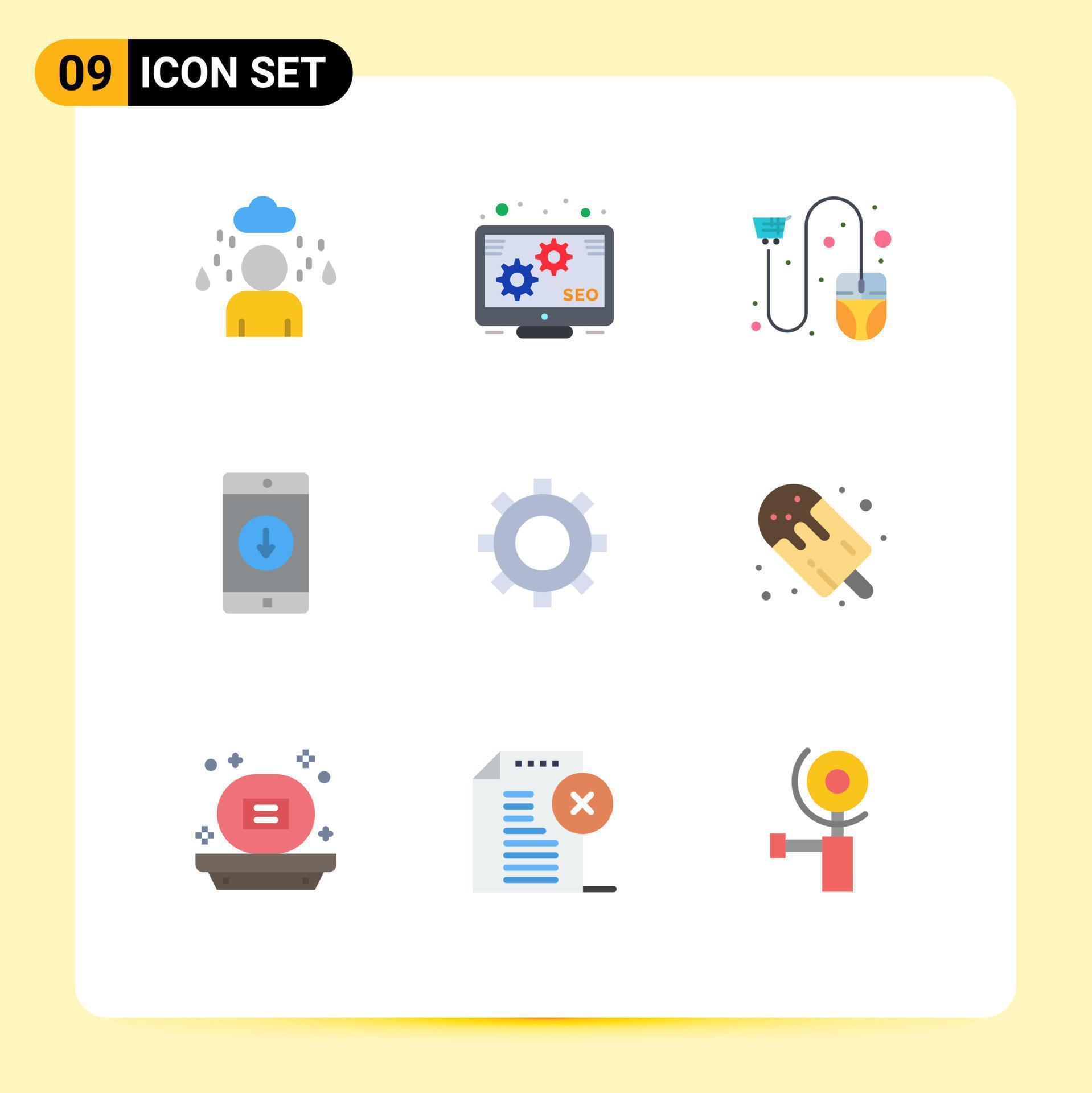 
									9 User Interface Flat Color Pack of modern Signs and Symbols of gear arrow ecommerce down mobile Editable Vector Design Elements Stock Free