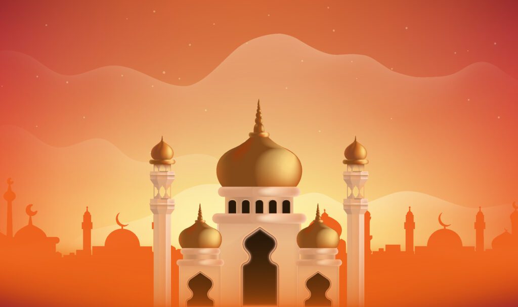 a colorful illustration of a mosque with a city in the background Free Vector