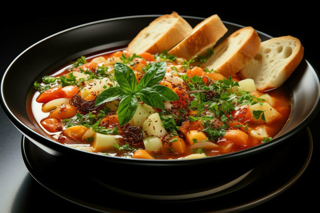 A delicious minestrone soup food in a bowl. Italian food and healthy protein soup meal concept by AI Generated Stock Free