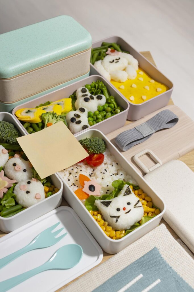 Top view composition food Japanese bento box Stock Free